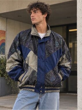 Vintage Lavon Colorblock Windbreaker Jacket Large 90s Blue Gray Geometric Nylon